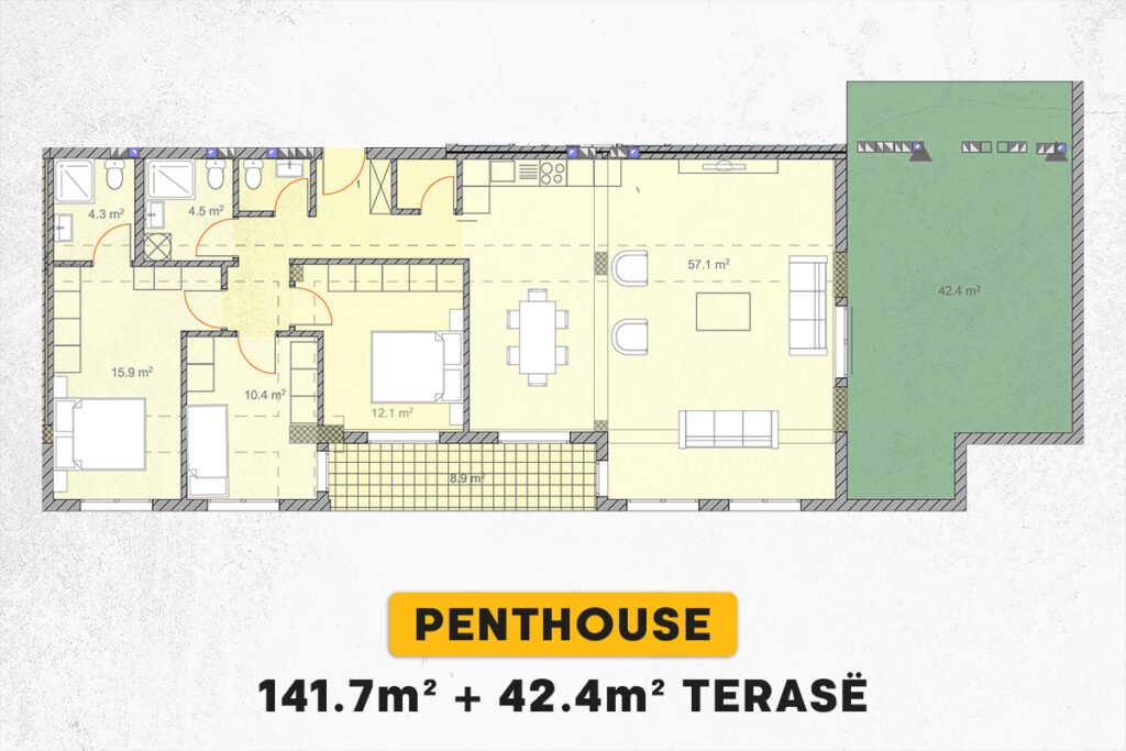 Penthouse 141.7m² + 42.4m² në #SHITJE në Emshir
